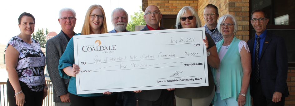 9 individuals photographed. Successful grant applicants receiving giant cheque from Town Council.